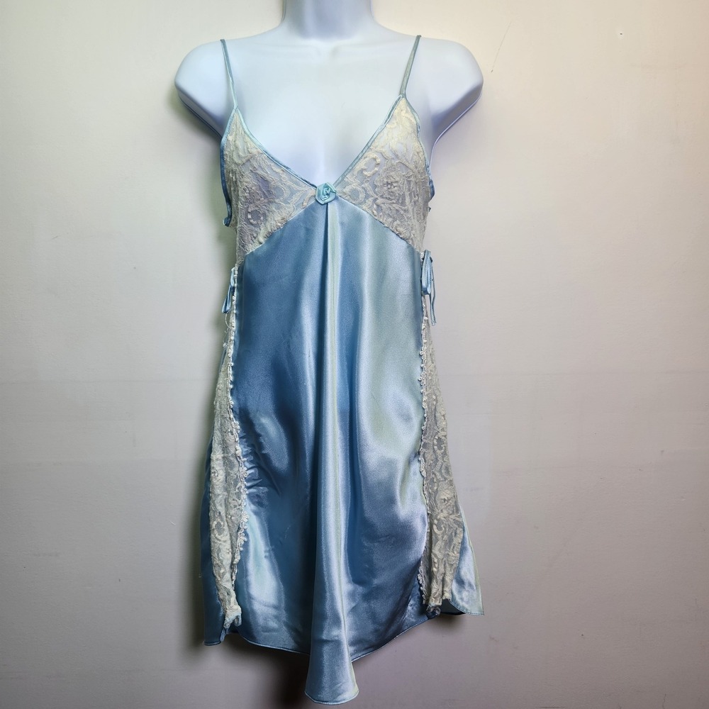 Vtg Secret Treasures Satin Chemise Slip Dress XS/S Lace Insets Pastel Blue Y2K